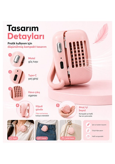 Şarjlı Klipsli Mini Fan Bıçaksız 3 Kademeli Type-c Taşınabilir Yaka Kemer Cep Ve Pembe