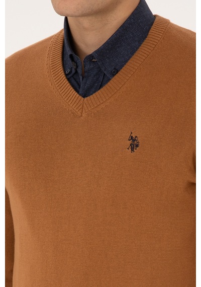 U.S. Polo Assn. Erkek Slim Fit V Yaka Camel Basic Triko Kazak 50313662-VR233