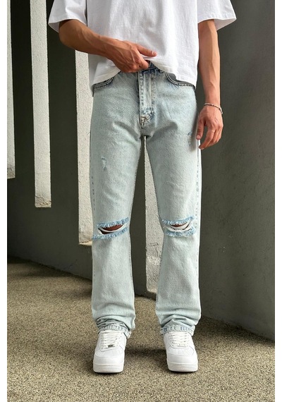 Buz Mavi Dizi Yırtık R4 Dl Baggy Pantolon Buz Mavi