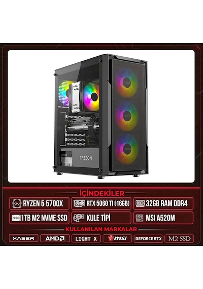 Xaser LIGHT X30 R7-5700X 32 GB 1 TB M.2 NVMe SSD 16 GB RTX5060 Ti Free Dos Masaüstü Oyuncu Bilgisayarı