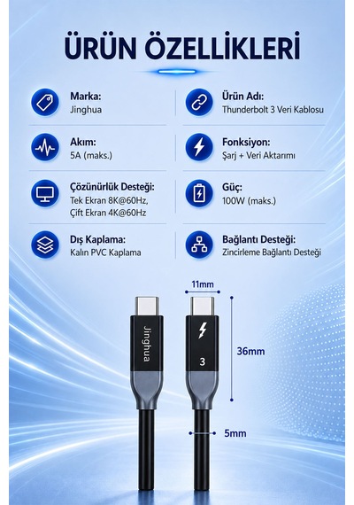Thunderbolt 3 Tam Fonksiyon Type-c Kablo 50 Cm, 40gbps Veri Aktarımı, 100w Pd Hızlı Şarj, 8k 60hz Görüntü, Daisy Chain, Monitör Docking Ssd  U701b