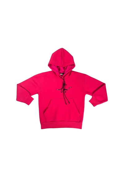 Kapşonlu Love Baskılı Kanguru Cepli Kız Çocuk Sweatshirt-90857 Fuşya