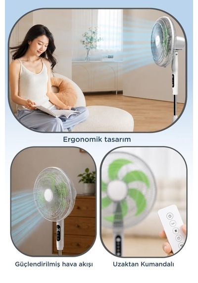 Vantilatör 6 Pervaneli 3 Kademeli Kumandalı Dijital Ekranlı Ayaklı 16 Inc 50w Fan Beyaz