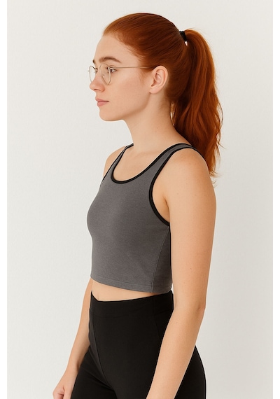 Tommy Life Antrasit Melanj Basic Sıfır Kol Dar Kalıp U Yaka Kadın Crop Top Atlet - 97162 Antrasit