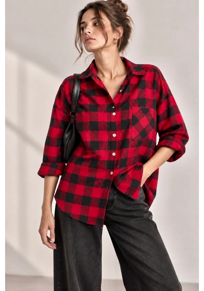 Bb Butik Basic Kadın Ekose Gömlek Oversize Oduncu Gömlek Uzun Kollu Cepli Günlük Tr0935 Kırmızı