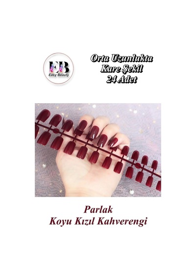 24 Adet Renkli Kare Orta Uzun Takma Tırnak 815 Koyu Kızıl Kahverengi