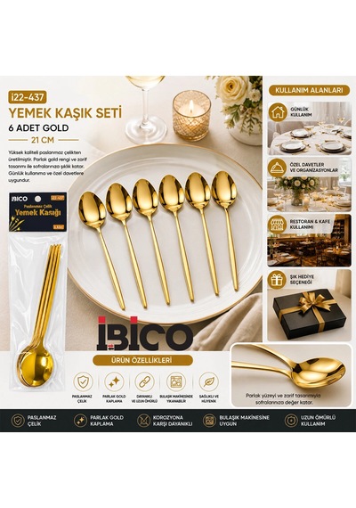 60 Parça Gold Yemek Kaşık Seti 21cm - 1 Paket İçinde 6 Adet Vardır - 10 Paket Gönderilir Bx40 Çok Renkli