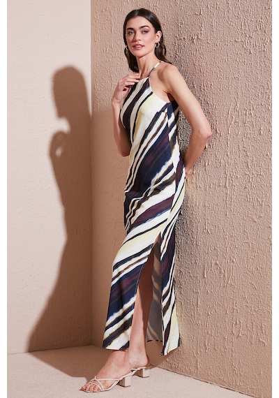 Lela Batik Desenli Relaxed Fit Halter Yaka Yırtmaçlı Uzun Bayan Elbise 67810556 Kahve-Sarı
