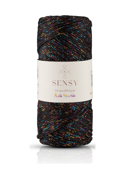 Multi Sparkle Simli Çok Renkli İp 100 Gr Polyester Makrome İpi Siyah 1,5 Mm - 150 M