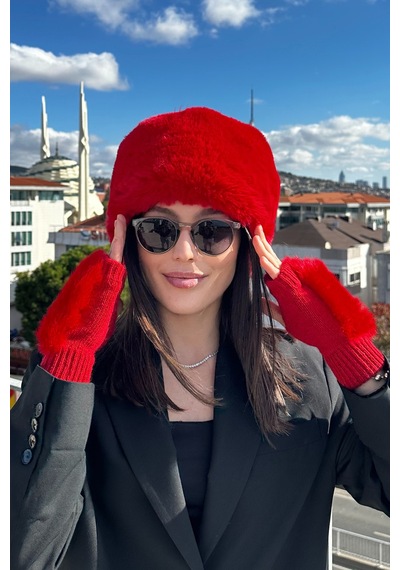 Mollycrush Kadın Kırmızı Kalpak Ve Eldiven Set Kırmızı