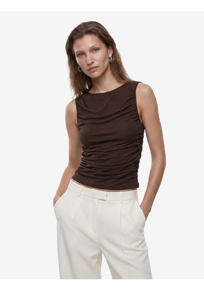 Koton Skinny Fit Bisiklet Yaka Drapeli Kolsuz Tül Bluz Kahverengi 6sak10413ek Kahve