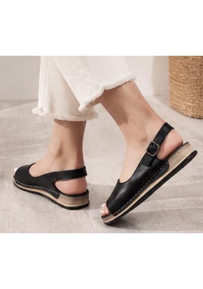 N Napa Shoe Np.306.siyah Deri Sandaletnapa Shoe Hakiki Deri Kadın Günlük Sandalet Ayarlanabilir Tokalı Siyah Comfort Model