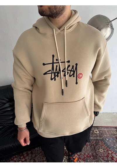Barlashive Erkek Üç İplik Kapşonlu Baskılı Sweatshirt - Bej Çok Renkli