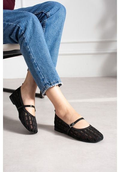 Dabab Shoes Rıvena Kadın Siyah Tül Üzeri Nakış Detaylı Kare Burun Üstten Bantlı Düz Taban Mary Jane Babet