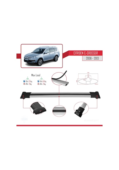 Citroen C-crosser 2006-2013 Arası İle Uyumlu Fly Model Ara Atkı Tavan Barı Gri 3 Adet Bar