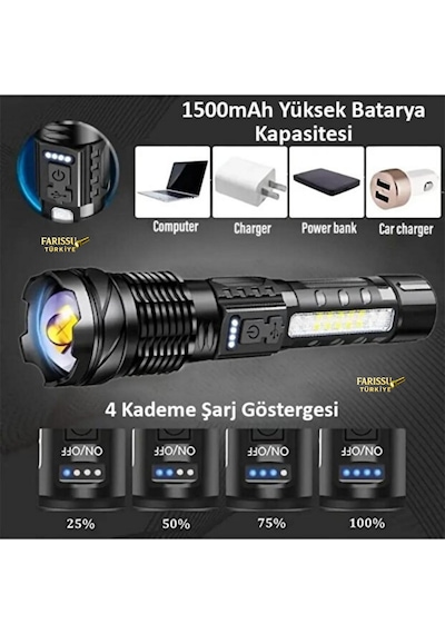 2500 Lümen Şarjlı Taktik Led El Feneri 7 Modlu, Zoom Özellikli, Cob Yan Işıklı + Özel Kılıf Hediyeli Siyah