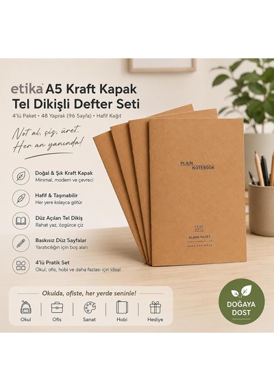 A5 Kraft Kapak Tel Dikişli Defter 4'lü Paket