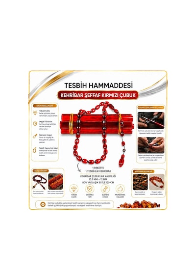 Tesbih Hammaddesi Kehribar Sıkma Çubuk Ateş Kırmızı Renk