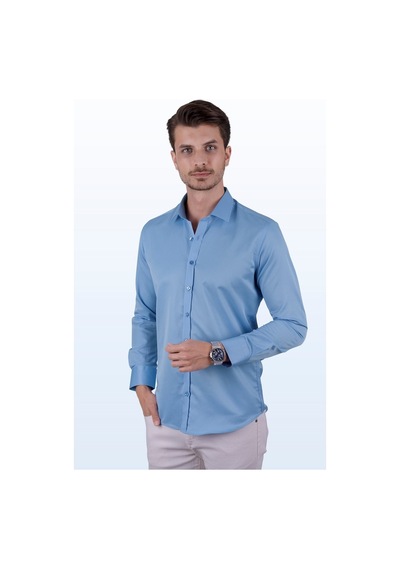 Şeker Mavisi Saten Slimfit Erkek Gömlek Açık Mavi