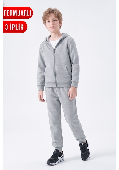 Fyk Kids 3 İplik Düz Fermuarlı Erkek Çocuk Eşofman Takımı Gri