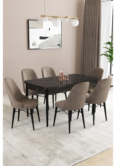 Sar Pakete Almira Serisi, Siyah Mermer Desen 80x132 Açılabilir Mdf Mutfak Masası Takımı 6 Adet Sandalye Cappucino