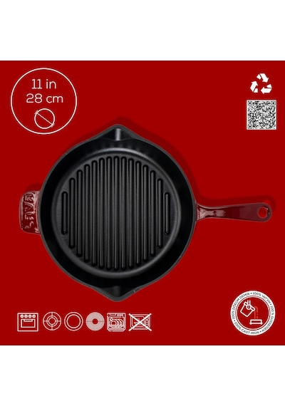 Lava Döküm Yuvarlak Izgara Tava Döküm Demir Yekpare Saplı Çap Ø 28cm.bordo Bordo