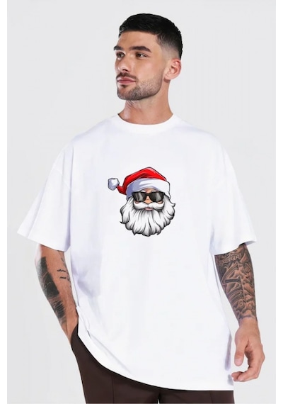 Efnaz Style Yılbaşı Gözlüklü Noel Baba Baskılı Kısa Kollu Oversize Bisiklet Yaka T-shirt - Beyaz