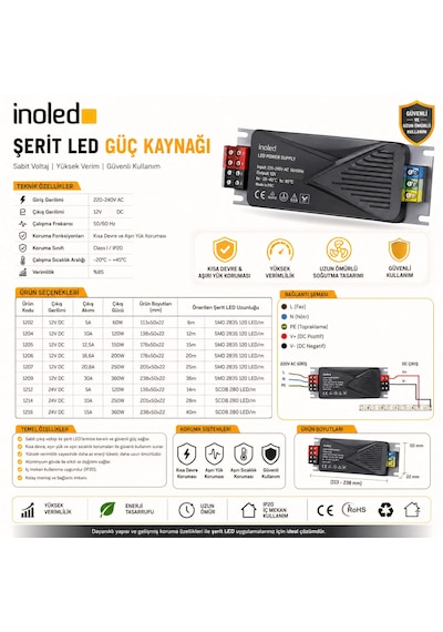 İnoled 1206 16,6a 200w 12v Led Güç Kaynağı Kısa Devre Korumalı Adaptör Şerit Led Trafo 220v Ac 12v Dc Dönüştürücü Yüksek Verimli, Güvenli, Uzun Ömürlü Led Trafo 16,6 A