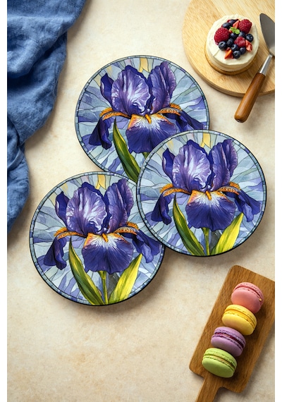 Mor İris Çiçek Desenli Pasta Tabağı 6 Adet, 20 Cm Modern Sanatsal Sunum Tabağı