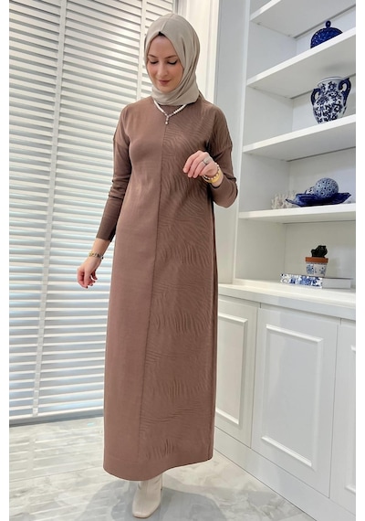 Rabia Şamlı Zebra Desen Triko Elbise Sütlü Kahve Kahverengi