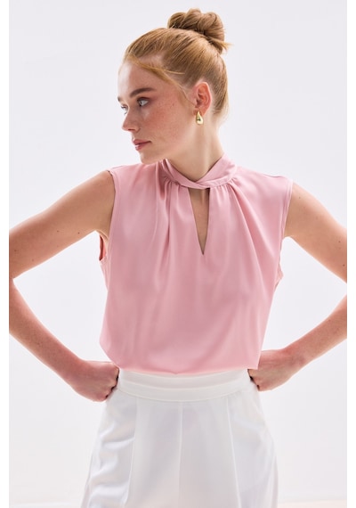 Sateen Yaka Detaylı Saten Bluz - Pembe-136681 Pembe