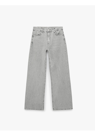 Koton Taş Detaylı Yıkamalı Normal Bel Pamuklu Geniş Paça Denim Pantolon - Wide Leg Jeans Gri 7wal40129md