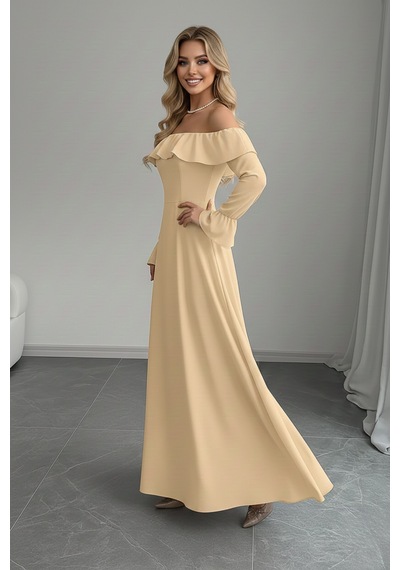 Defymoda Kadın Modern Kesim Fırfır Detaylı Elbise Bej