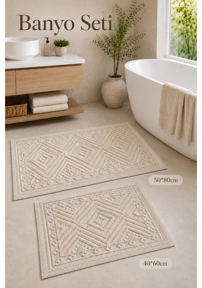 İskandinav Dokuma Pamuklu Bukle Kaymaz Taban Yıkanabilir Banyo Paspas Seti 40 60/50 80 Cm 2 Adet Krem