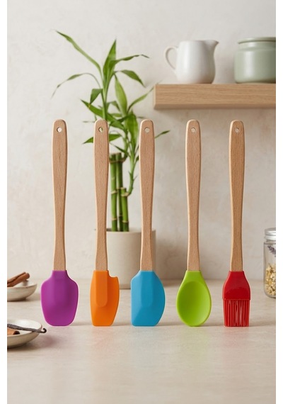 5'li Silikon Ve Bambu Saplı Mutfak Gereçleri Seti-spatula,fırça Servis Maşa Seti Çok Renkli