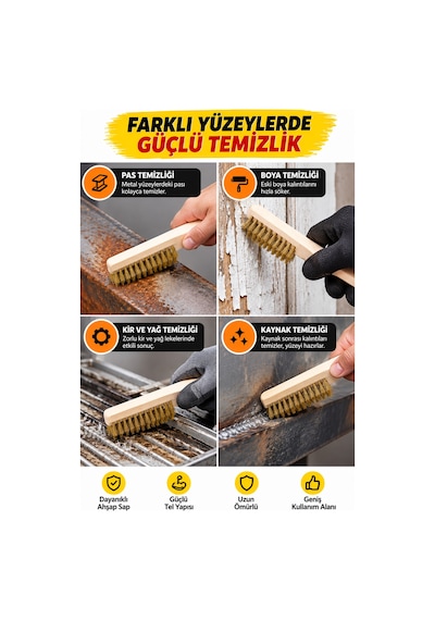 Ahşap Saplı Tel Fırça Pirinç Çelik Tel Fırça Pas Boya Kir Temizleme Fırçası 20 Cm