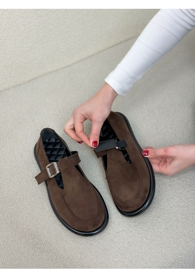 Erva'nın Butiği Kahve Süet Olivia Toka Detaylı Kadın Loafer-6001