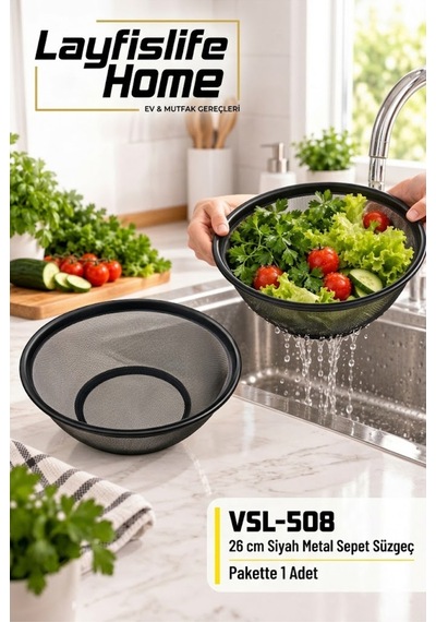 Siyah Metal Yuvarlak Sepet Süzgeç 26 Cm Mutfak Süzgeci Sebze Meyve Yıkama Ve Süzme Sepeti Vsl-508 Diğer