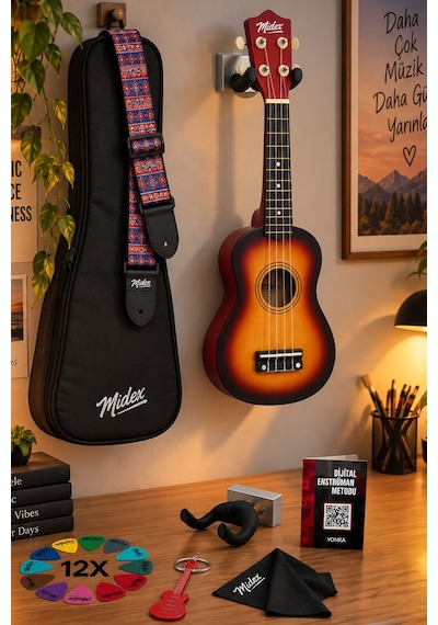 Midex Ukx-901sb Sunburs Soprano Ukulele Askı Çanta Metod Pena