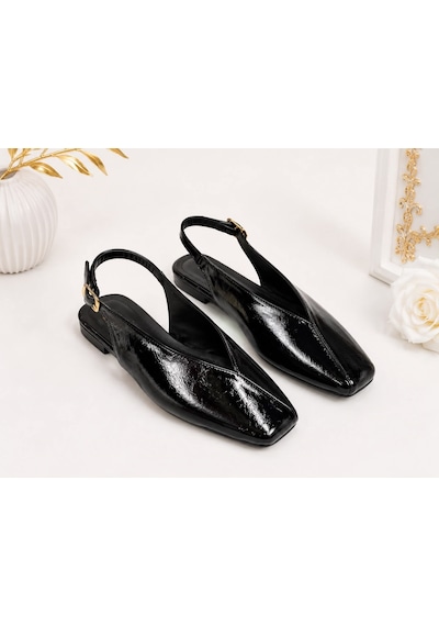 Dabab Shoes Lıvora Kadın Siyah Kare Burun Tokalı Düz Taban Slingback Casual Babet Ayakkabı