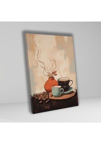 Tekli Dikey Kanvas Mutfak Tablosu Kahve Köşesi Çizgisel Fincan, 40 X 60 -
