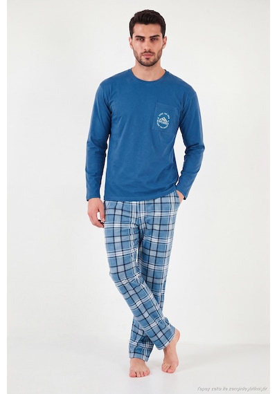 Buratti Ekoseli Pamuklu Bisiklet Yaka Pijama Takımı Erkek Pijama Takımı 6575007 Mavi
