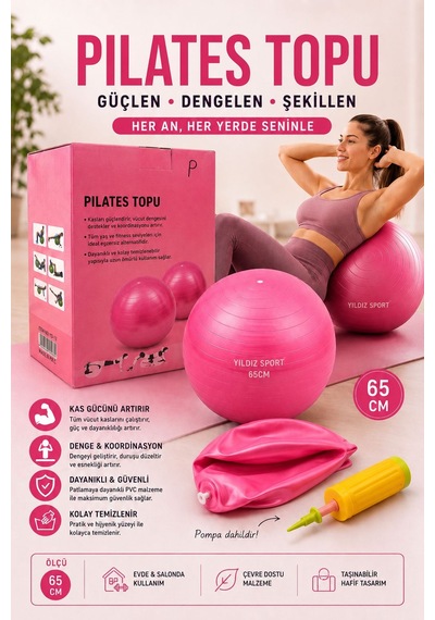 Buradabuldun Pilates Topu 65 Cm Pembe + El Pompası Hediyeli Denge Egzersiz Topu Fitness Yoga