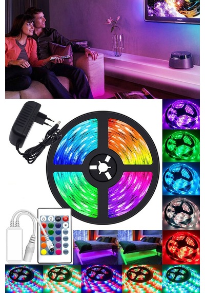 Şerit Led Rgb 16 Renk Uzaktan Kumandalı Tak Çalıştır 5 M 12 Volt Karışık