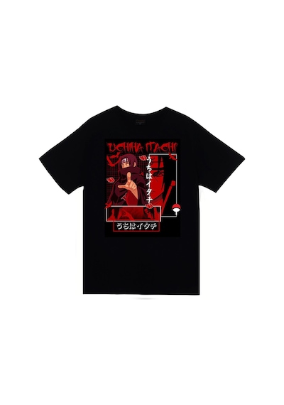 Naruto Itachi Uchiha Anime Baskılı Unisex %100 Pamuk Siyah T-shirt SIYAH