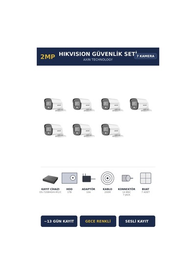 Hikvision 7 Kameralı 2mp Güvenlik Kamera Seti Colorvu Gece Renkli 1tb 13 Gün Kayıt Bullet Dış Mekan
