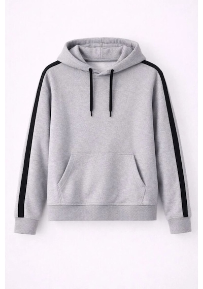 Erkek Şeritli Kapüşonlu Sweatshirt Oversize 3 İplik Pamuklu Hoodie - Gri