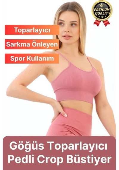 Svein Göğüs Toparlayıcı Sarkma Önleyen Gündelik Spor Kullanım İnce İp Askılı Pedli Çizgili Crop Büstiyer Pembe