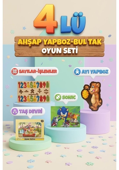 Eğitici Öğterici Ve Eğlenceli 4'lü Frame Yapboz Hikayeli Ve Bul-tak Çok Renkli 4 Lü Oyun Takımı Seti