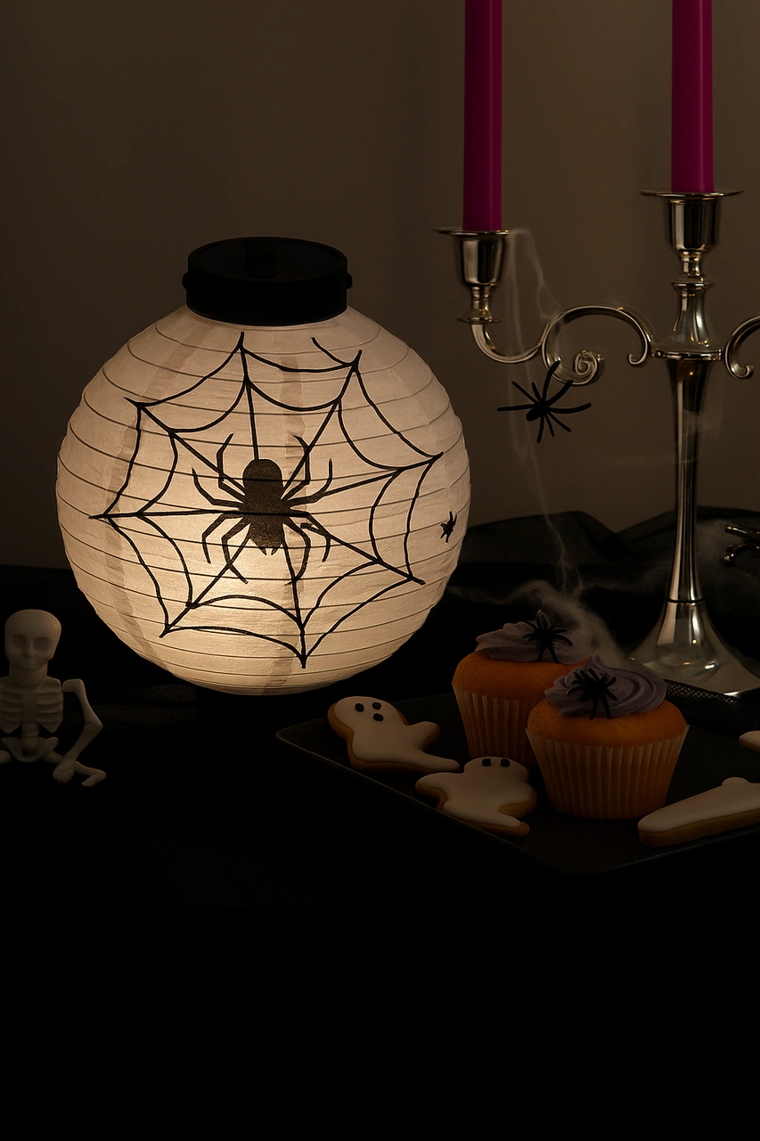 Halloween Cadılar Bayramı Japon Feneri Pilli 20 Cm Beyaz Örümcek Desenli Korku Aksesuarı Diğer